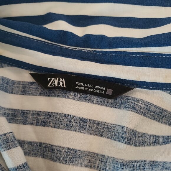 Zara Navy Blue Striped Linen Blend Belted Midi Shirt Dress Size Large - Picture 11 of 11